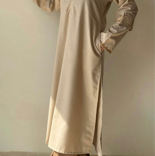 Khaak-E-Naaz - Cotton Beige Kurti with embroidered Sleeves and delicate lace detailing