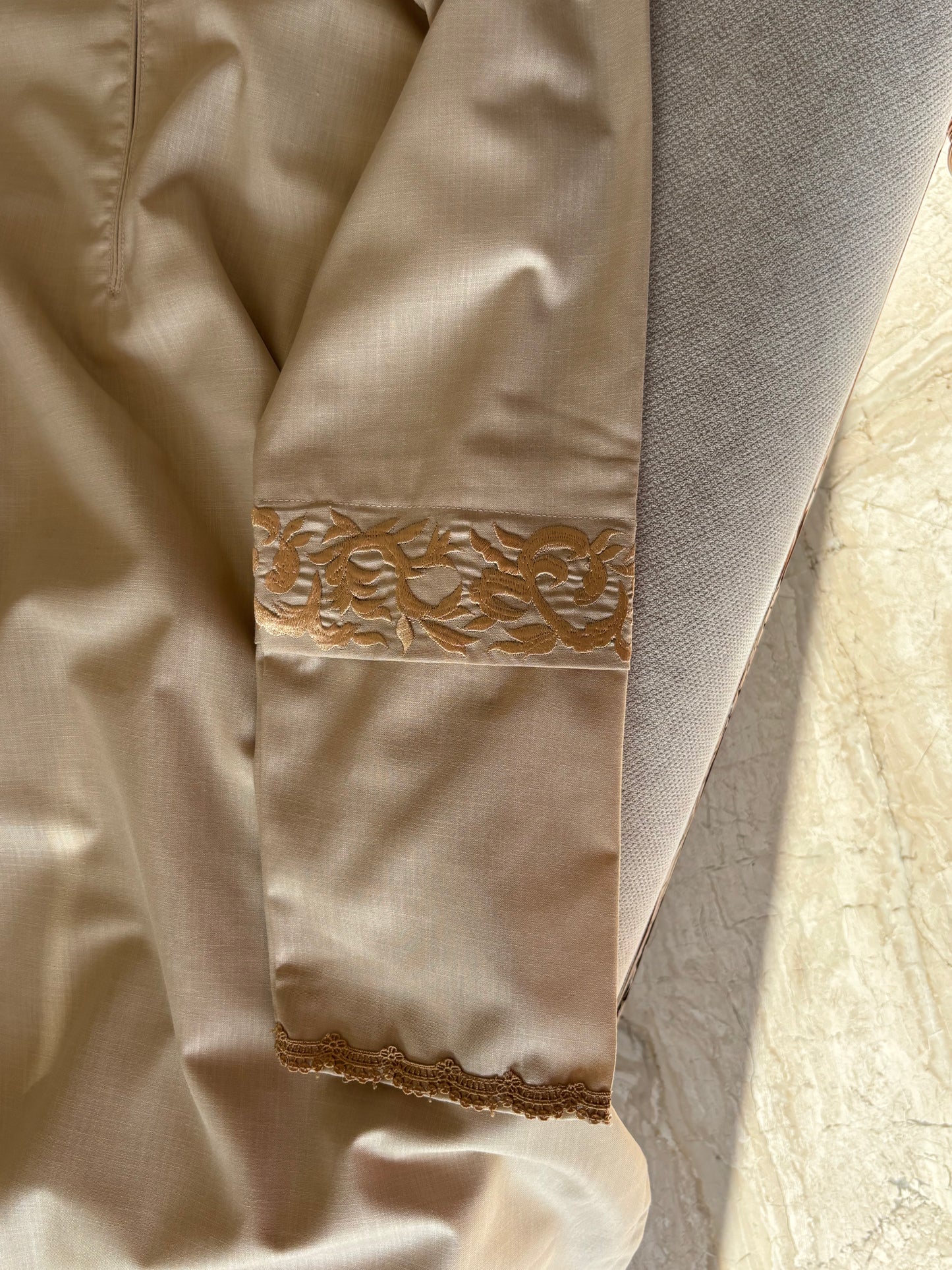 Khaak-E-Naaz - Cotton Beige Kurti with embroidered Sleeves and delicate lace detailing