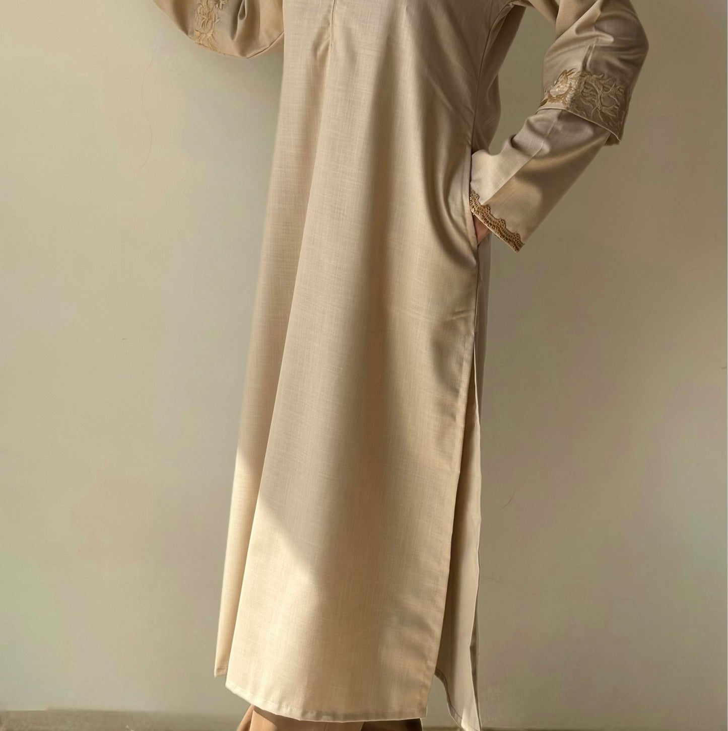 Khaak-E-Naaz - Cotton Beige Kurti with embroidered Sleeves and delicate lace detailing