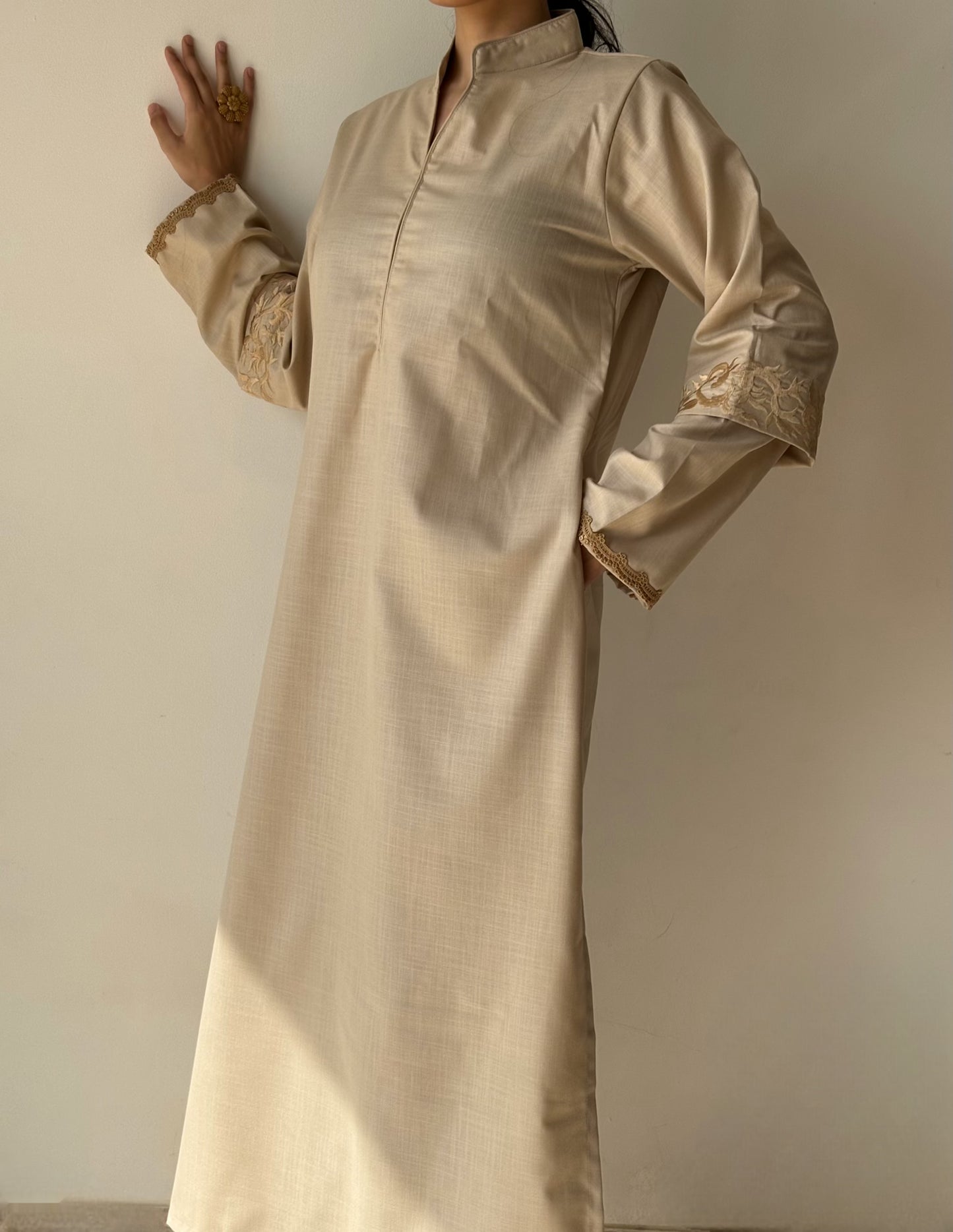 Khaak-E-Naaz - Cotton Beige Kurti with embroidered Sleeves and delicate lace detailing