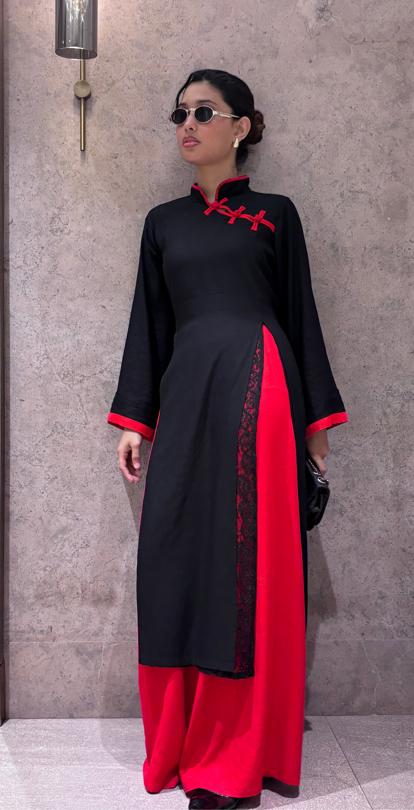 Yuna Black & Red - Mandarin Kurti Set