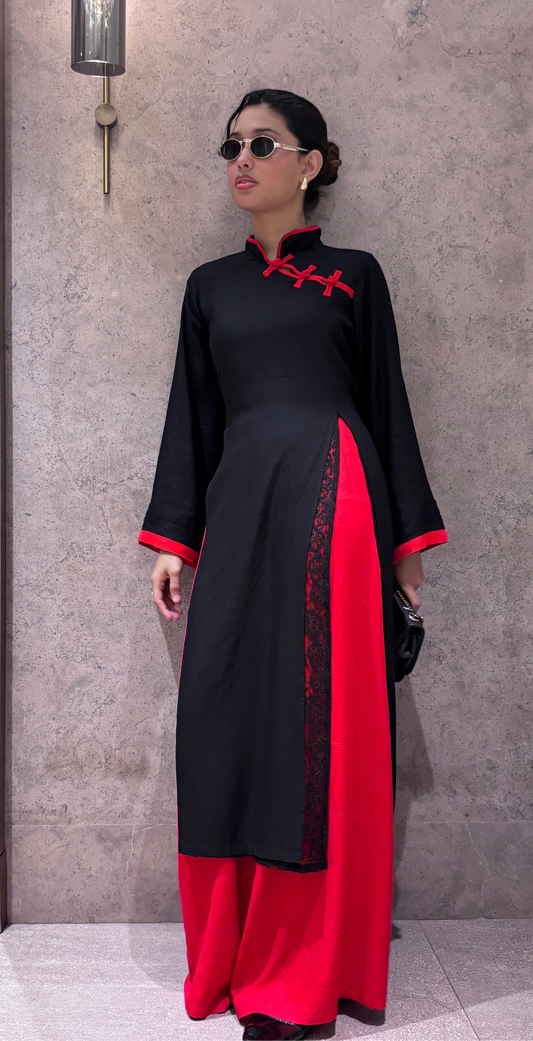 Yuna Black & Red - Mandarin Kurti Set