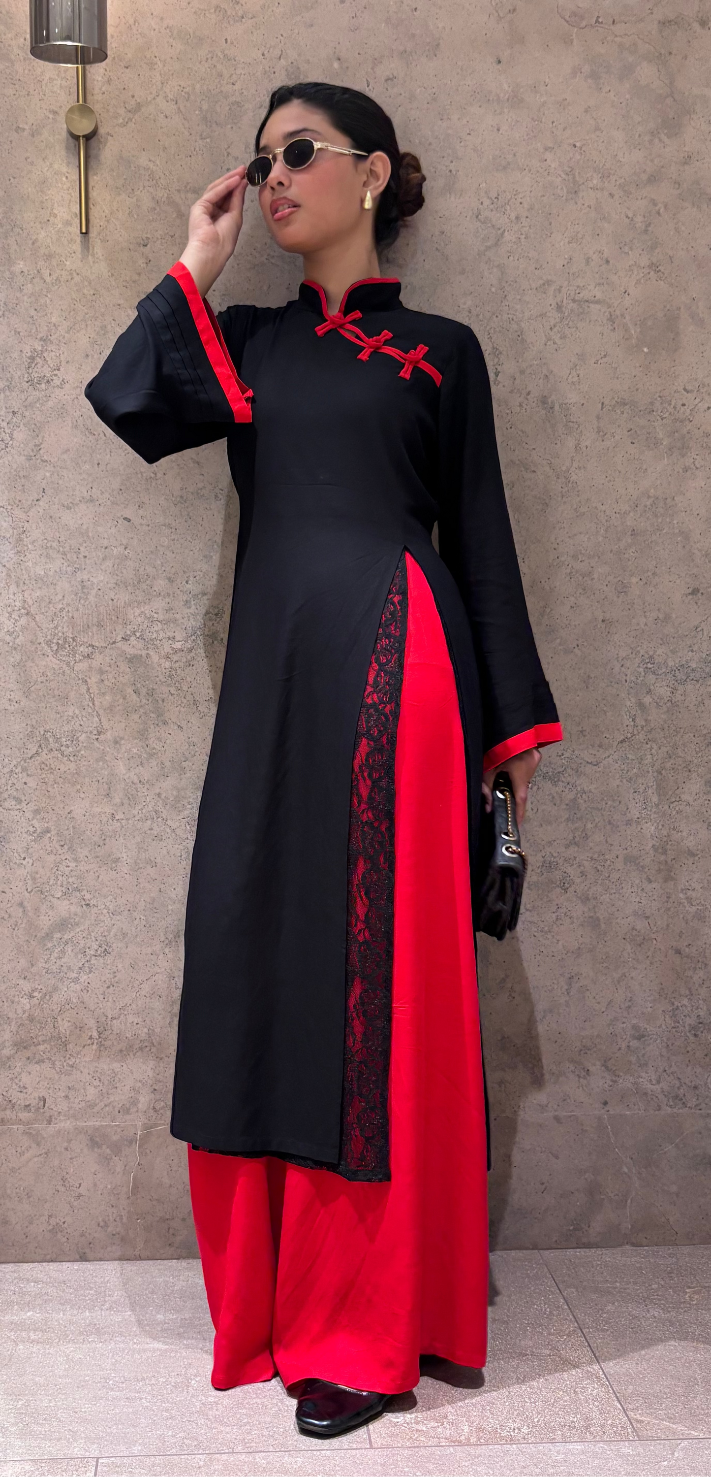 Yuna Black & Red - Mandarin Kurti Set