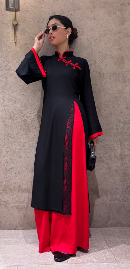 Yuna Black & Red - Mandarin Kurti Set
