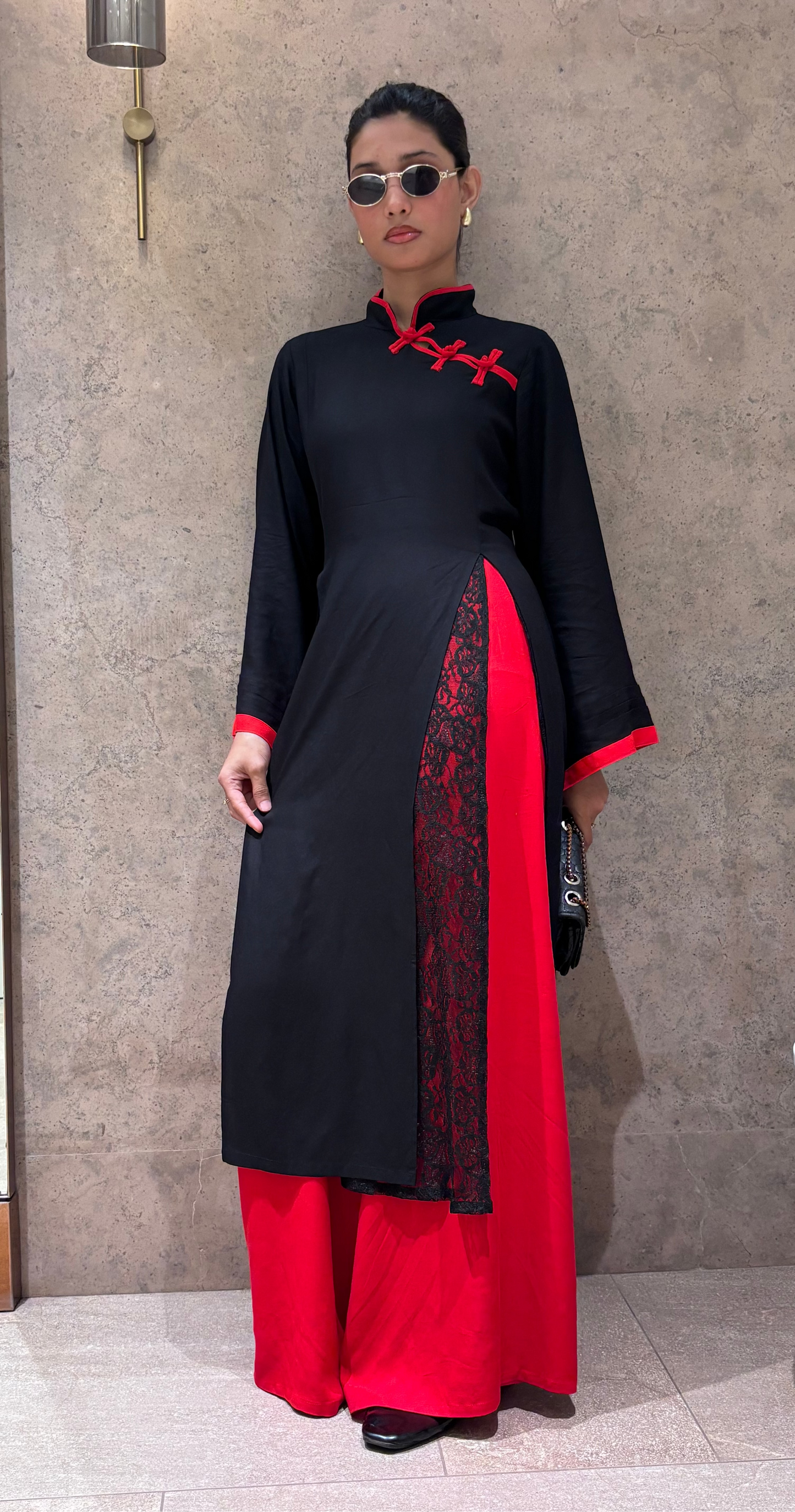 Yuna Black & Red - Mandarin Kurti Set