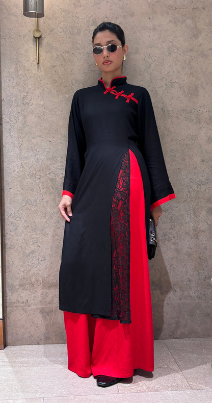 Yuna Black & Red - Mandarin Kurti Set