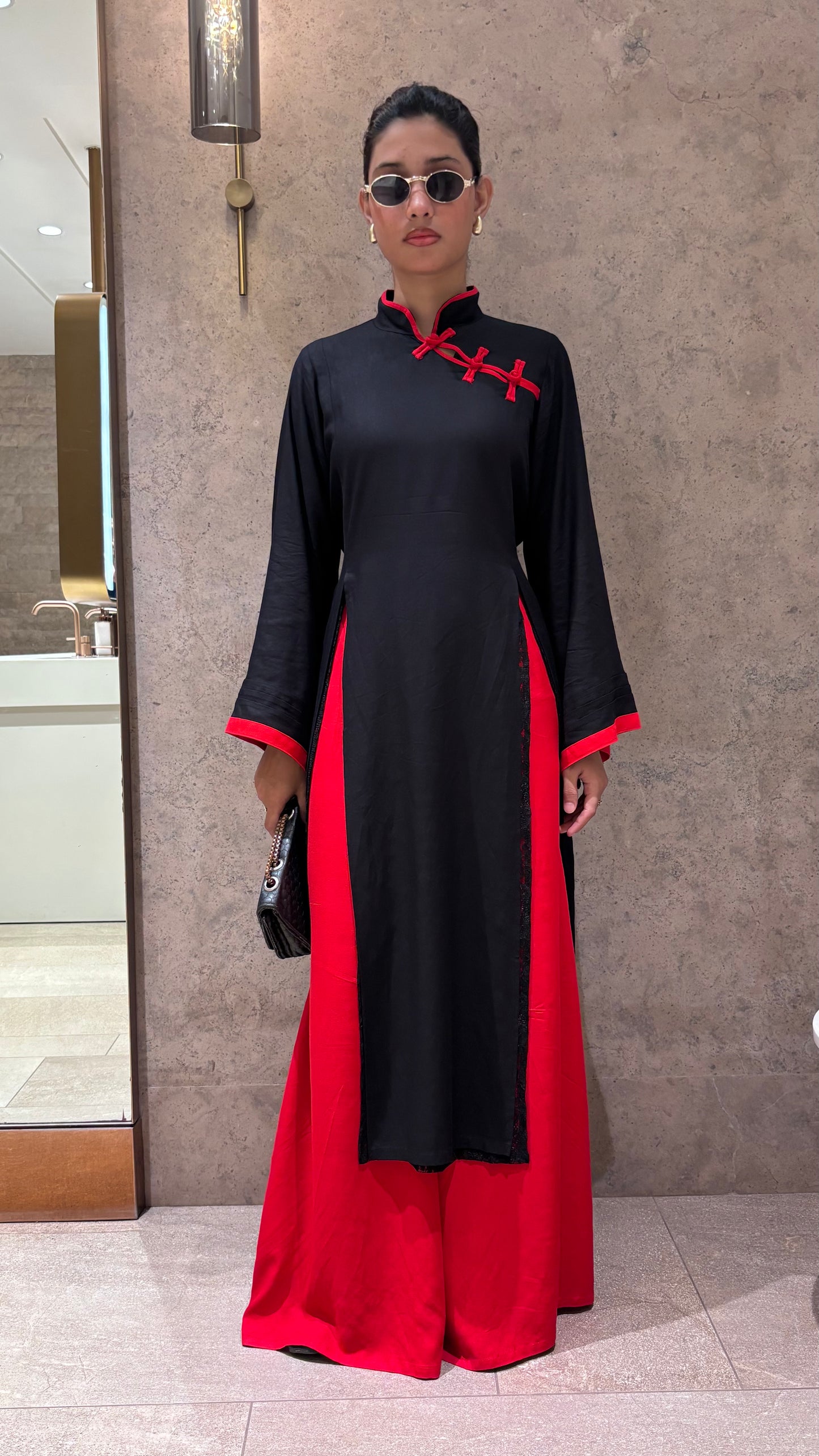 Yuna Black & Red - Mandarin Kurti Set