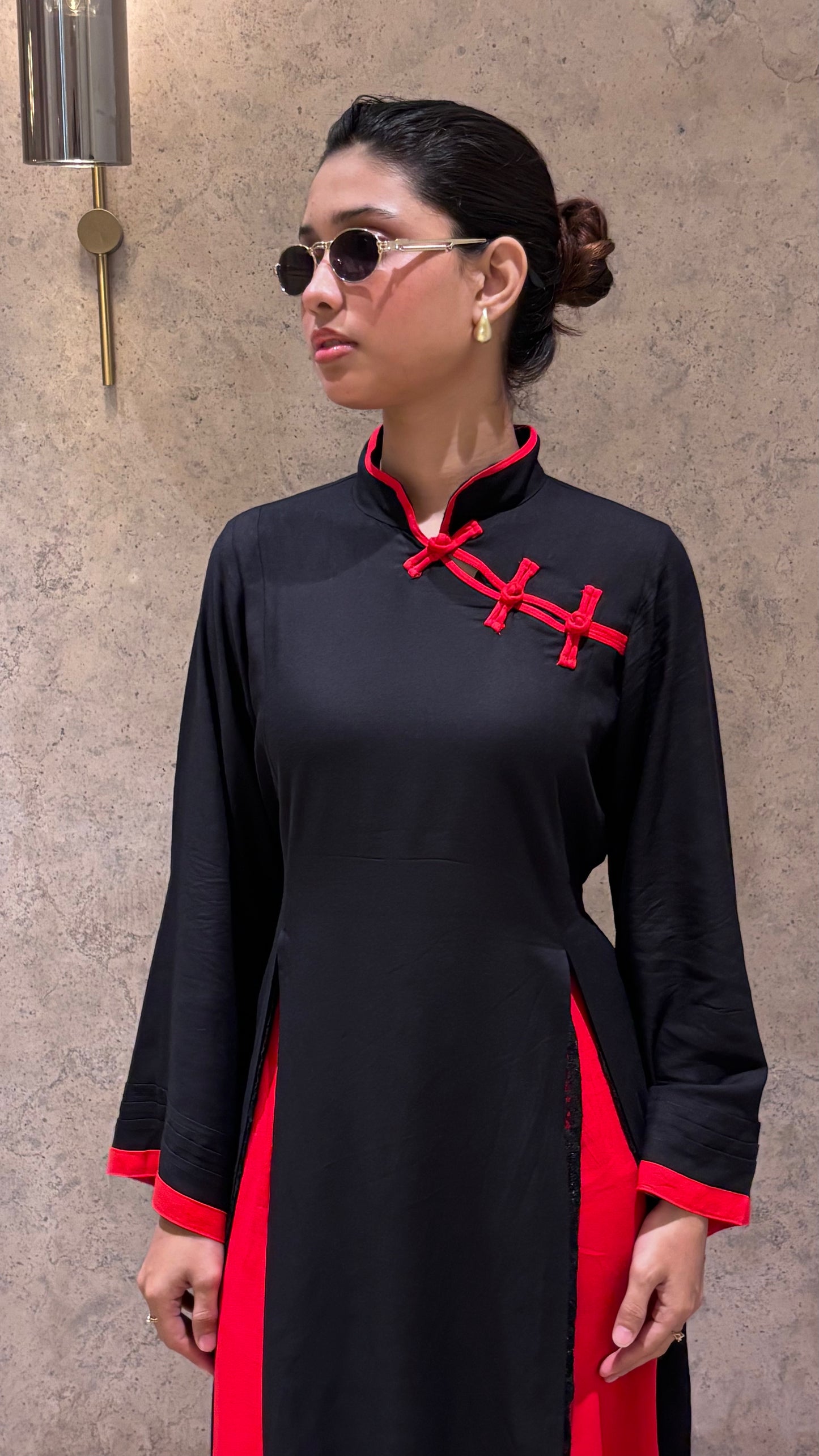 Yuna Black & Red - Mandarin Kurti Set
