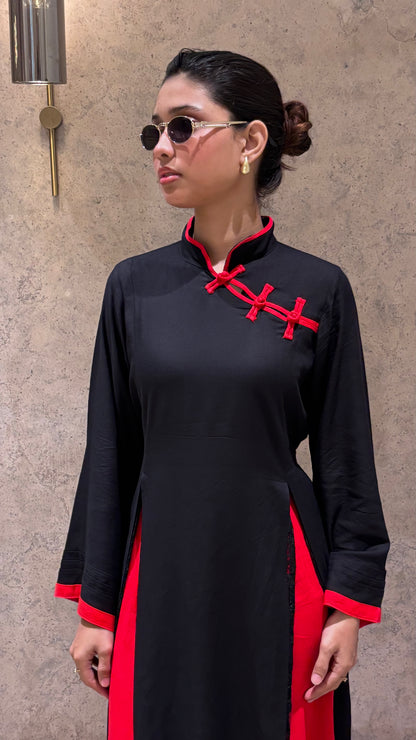Yuna Black & Red - Mandarin Kurti Set