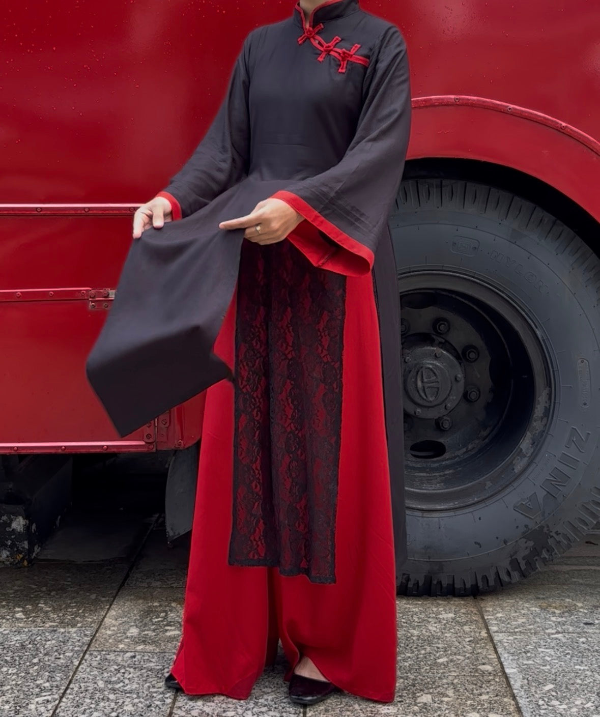 Yuna Black & Red - Mandarin Kurti Set