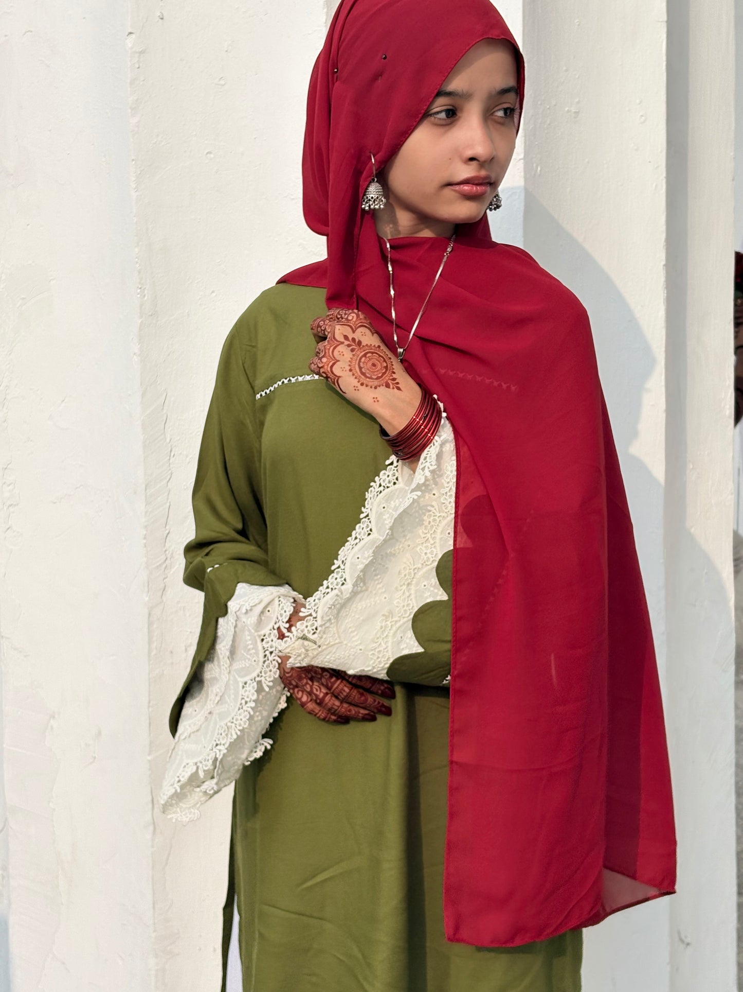 Gul-e-Zaitoon - Rich Olive green short kurti adorned with Turkish Lace