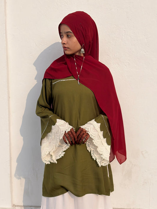 Gul-e-Zaitoon - Rich Olive green short kurti adorned with Turkish Lace